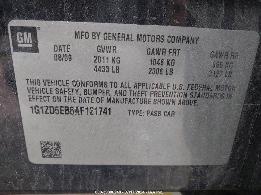 2010 Chevrolet Malibu Lt VIN: 1G1ZD5EB6AF121741 Lot: 39886248