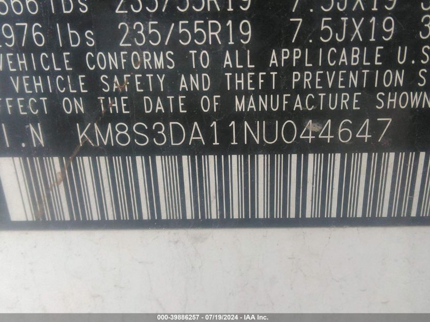 2022 Hyundai Santa Fe Hybrid Sel Premium VIN: KM8S3DA11NU044647 Lot: 39886257