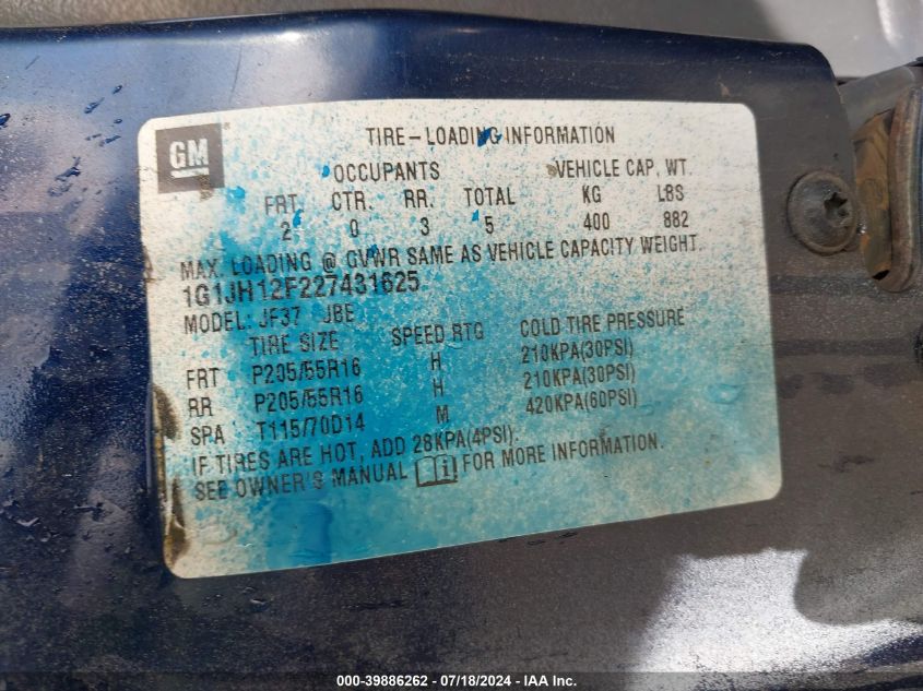 2002 Chevrolet Cavalier Z24 VIN: 1G1JH12F227431625 Lot: 39886262