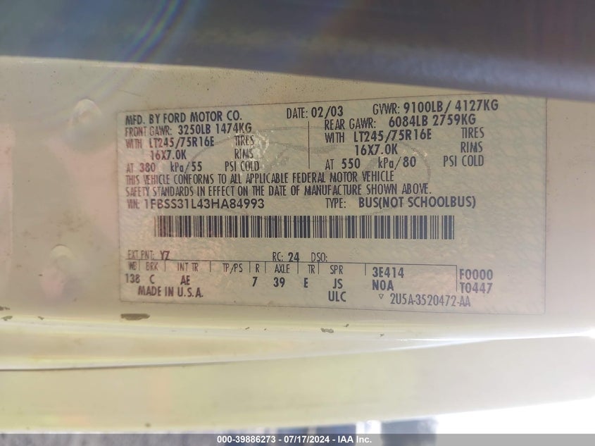 2003 Ford E-350 Super Duty Xl/Xlt VIN: 1FBSS31L43HA84993 Lot: 39886273