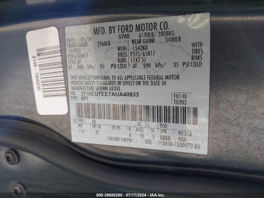 2010 Ford Explorer Eddie Bauer VIN: 1FMEU7EE7AUA40833 Lot: 39886280