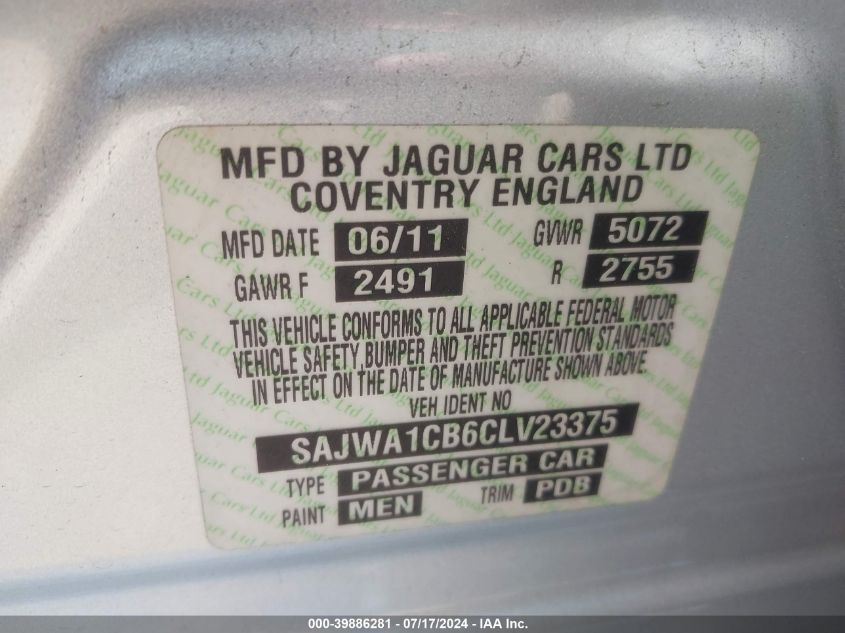 2012 Jaguar Xj VIN: SAJWA1CB6CLV23375 Lot: 39886281
