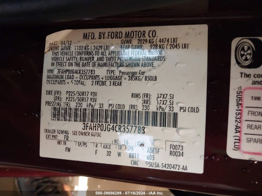 2012 Ford Fusion Sel VIN: 3FAHP0JG4CR357783 Lot: 39886289