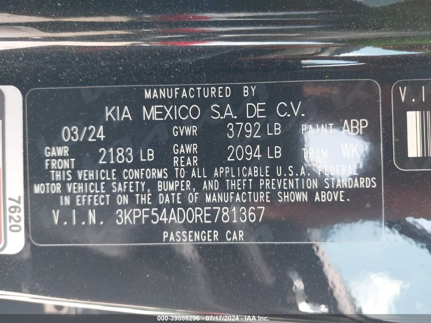 2024 Kia Forte Gt-Line VIN: 3KPF54AD0RE781367 Lot: 39886296