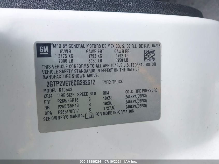 2012 GMC Sierra 1500 Sle VIN: 3GTP2VE78CG282612 Lot: 39886299