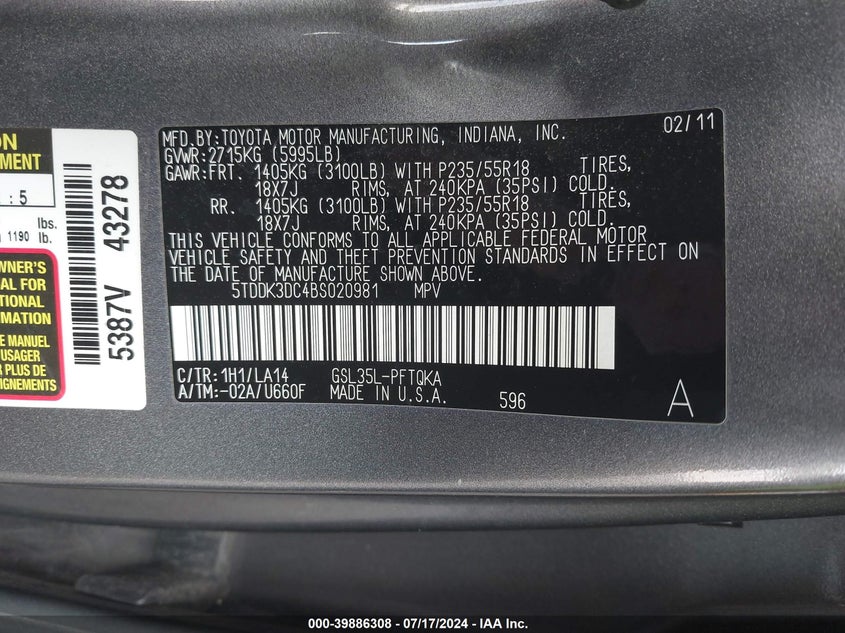 2011 Toyota Sienna Limited VIN: 5TDDK3DC4BS020981 Lot: 39886308