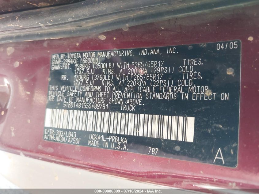 2005 Toyota Tundra Limited V8 VIN: 5TBDT48155S489781 Lot: 39886309