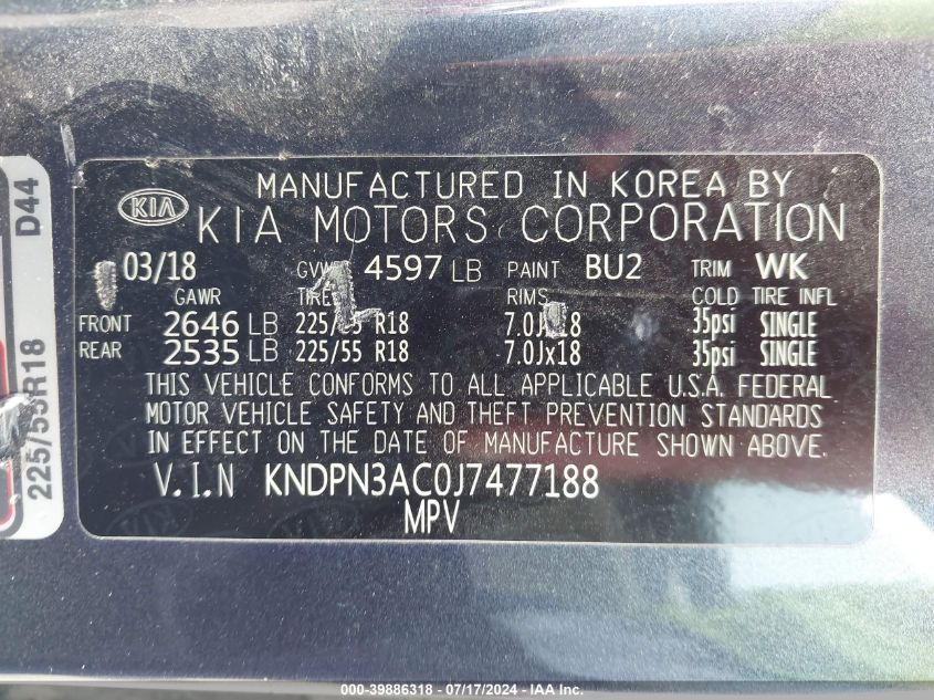 2018 Kia Sportage Ex VIN: KNDPN3AC0J7477188 Lot: 39886318