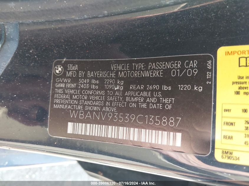 2009 BMW 535I xDrive VIN: WBANV93539C135887 Lot: 39886320