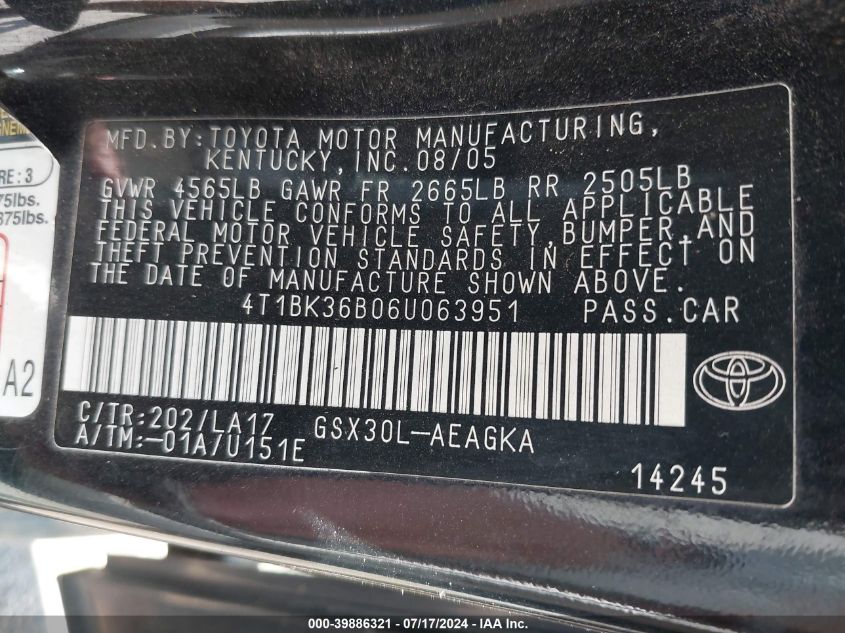 2006 Toyota Avalon Xls VIN: 4T1BK36B06U063951 Lot: 39886321