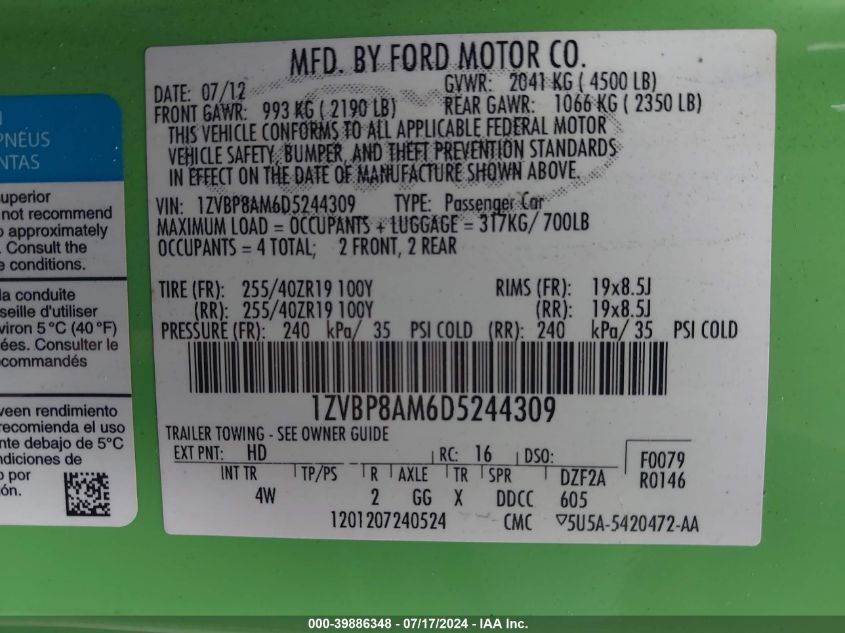 2013 Ford Mustang VIN: 1ZVBP8AM6D5244309 Lot: 39886348