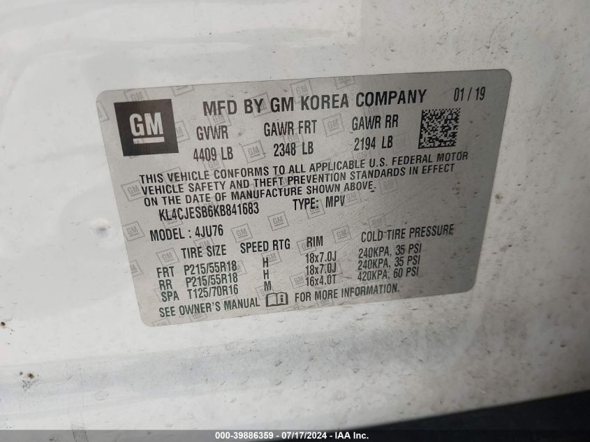 2019 Buick Encore Awd Preferred VIN: KL4CJESB6KB841683 Lot: 39886359