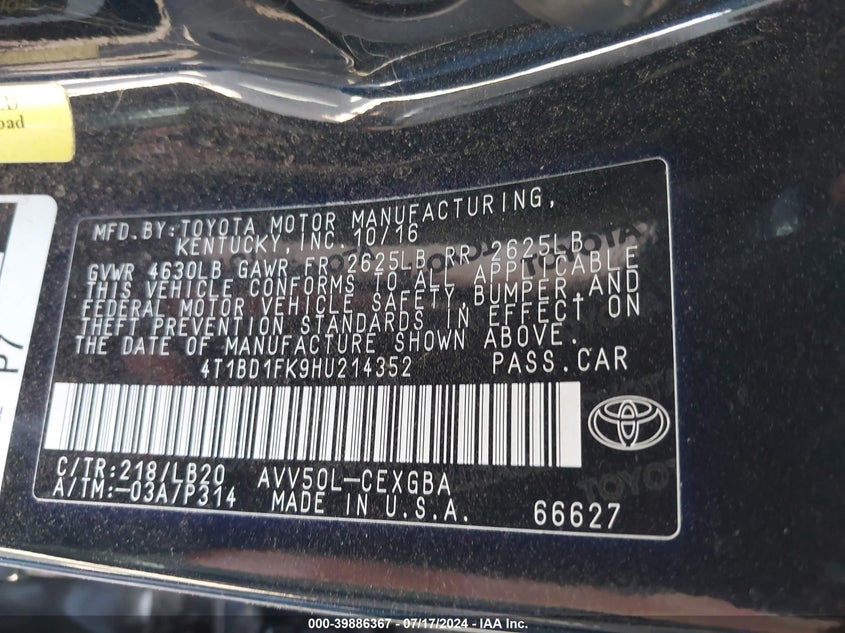 2017 TOYOTA CAMRY HYBRID XLE - 4T1BD1FK9HU214352