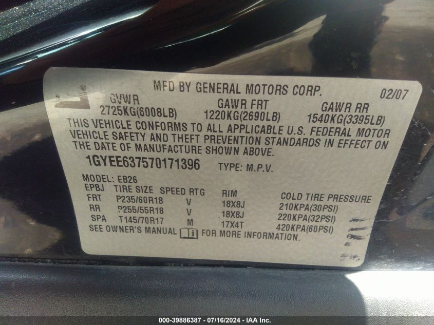 2007 Cadillac Srx V6 VIN: 1GYEE637570171396 Lot: 39886387