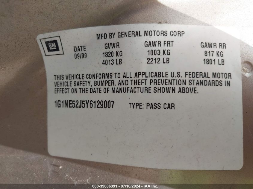 2000 Chevrolet Malibu Ls VIN: 1G1NE52J5Y6129007 Lot: 39886391
