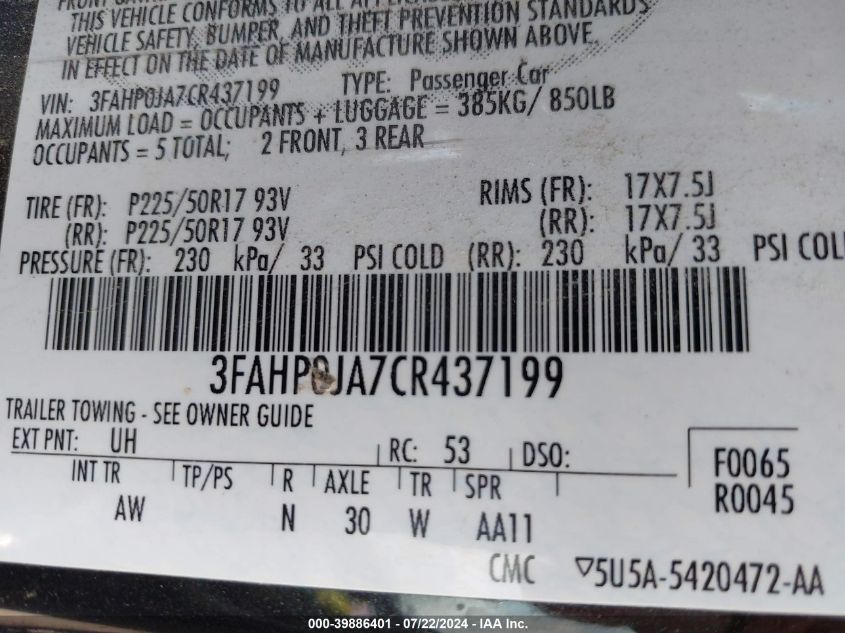 2012 Ford Fusion Sel VIN: 3FAHP0JA7CR437199 Lot: 39886401