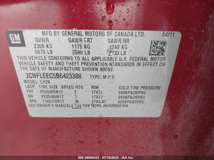 2011 Chevrolet Equinox 1Lt VIN: 2CNFLEEC5B6423308 Lot: 39886423