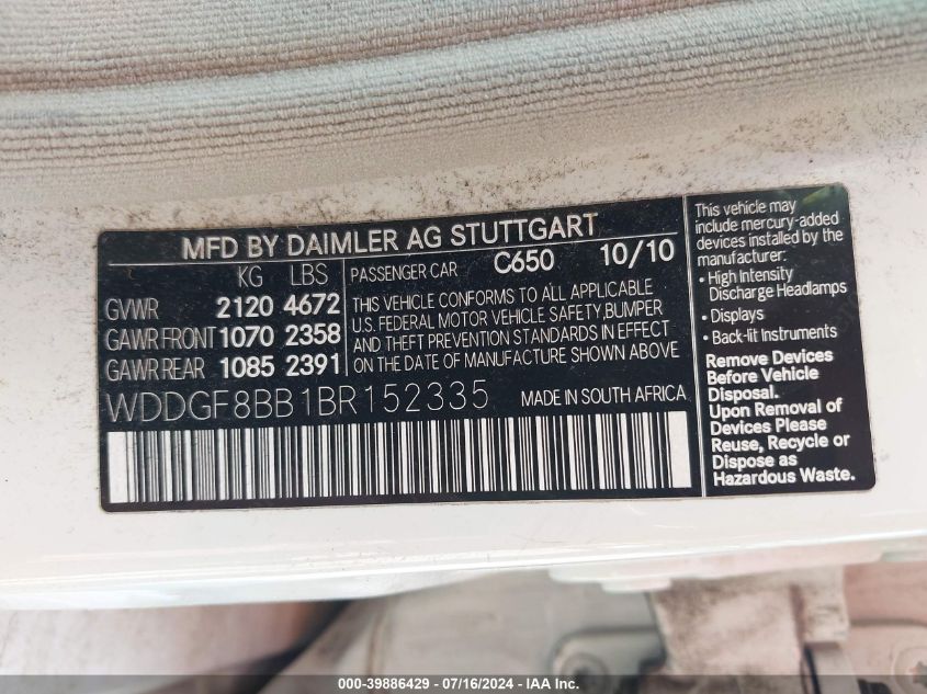 2011 Mercedes-Benz C 300 Luxury 4Matic/Sport 4Matic VIN: WDDGF8BB1BR152335 Lot: 39886429