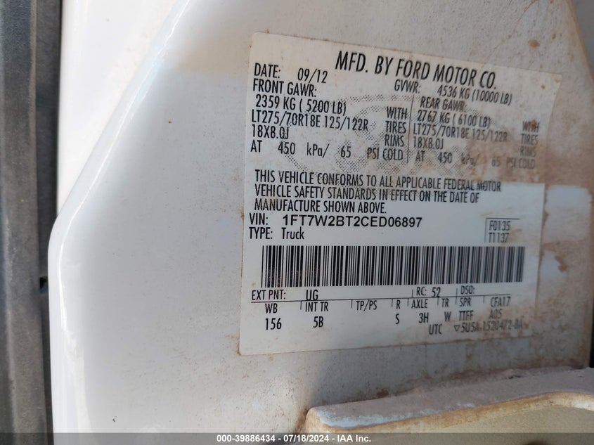 2012 Ford F250 Super Duty VIN: 1FT7W2BT2CED06897 Lot: 39886434