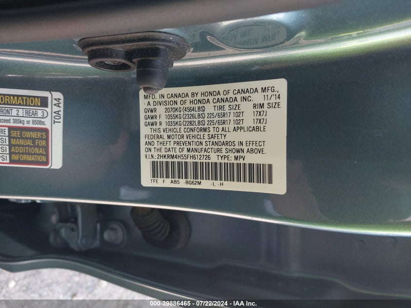 2015 Honda Cr-V Ex VIN: 2HKRM4H55FH612726 Lot: 39886465