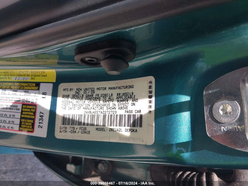 2010 Toyota Corolla Le VIN: 1NXBU4EE7AZ272723 Lot: 39886467