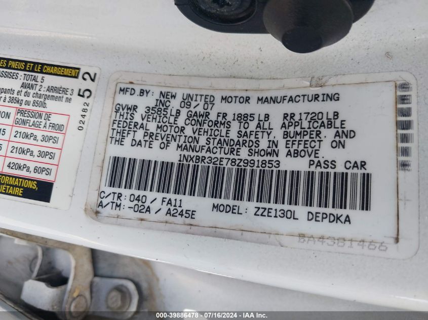 2008 Toyota Corolla Ce VIN: 1NXBR32E78Z991853 Lot: 39886478