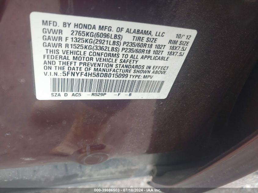 2013 Honda Pilot Ex-L VIN: 5FNYF4H58DB015099 Lot: 39886503