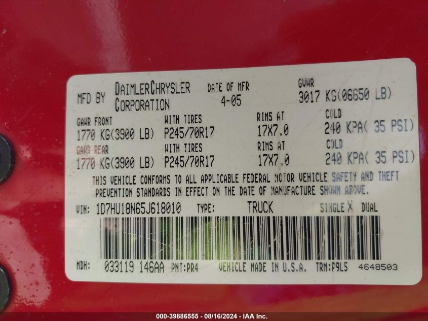 2005 Dodge Ram 1500 St VIN: 1D7HU18N65J618010 Lot: 39886555