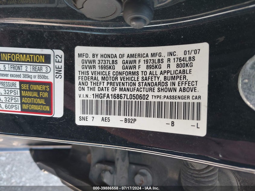 2007 Honda Civic Ex VIN: 1HGFA16867L050602 Lot: 39886558