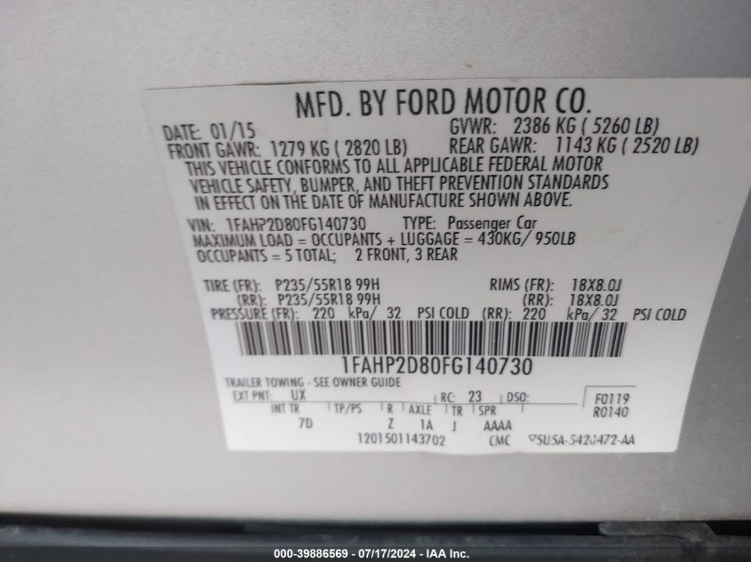 2015 FORD TAURUS SE - 1FAHP2D80FG140730