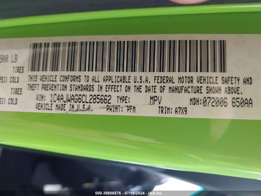 2012 Jeep Wrangler Sport VIN: 1C4AJWAG6CL285662 Lot: 39886576