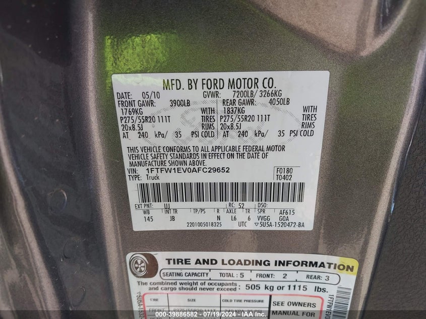 2010 Ford F-150 Fx4/Harley-Davidson/King Ranch/Lariat/Platinum/Xl/Xlt VIN: 1FTFW1EV0AFC29652 Lot: 39886582
