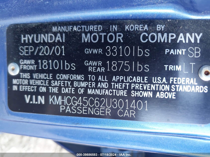 2002 Hyundai Accent Gl VIN: KMHCG45C62U301401 Lot: 39886583