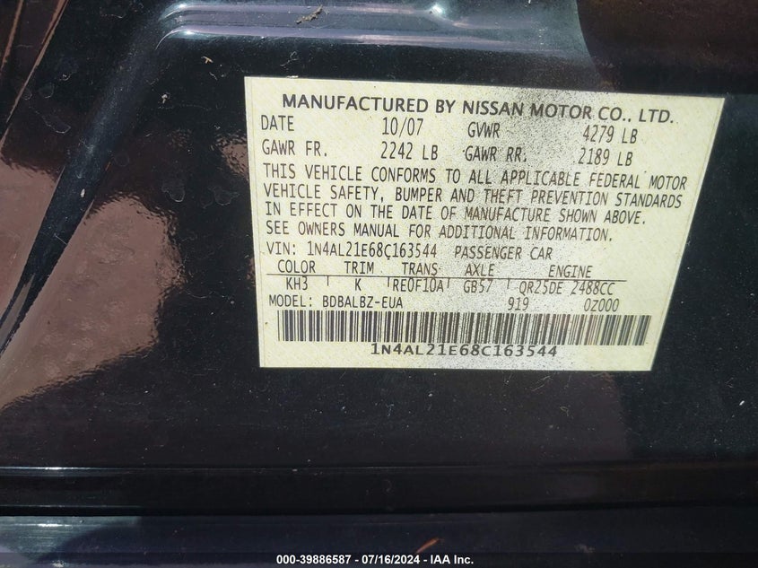 2008 Nissan Altima 2.5 S VIN: 1N4AL21E68C163544 Lot: 39886587