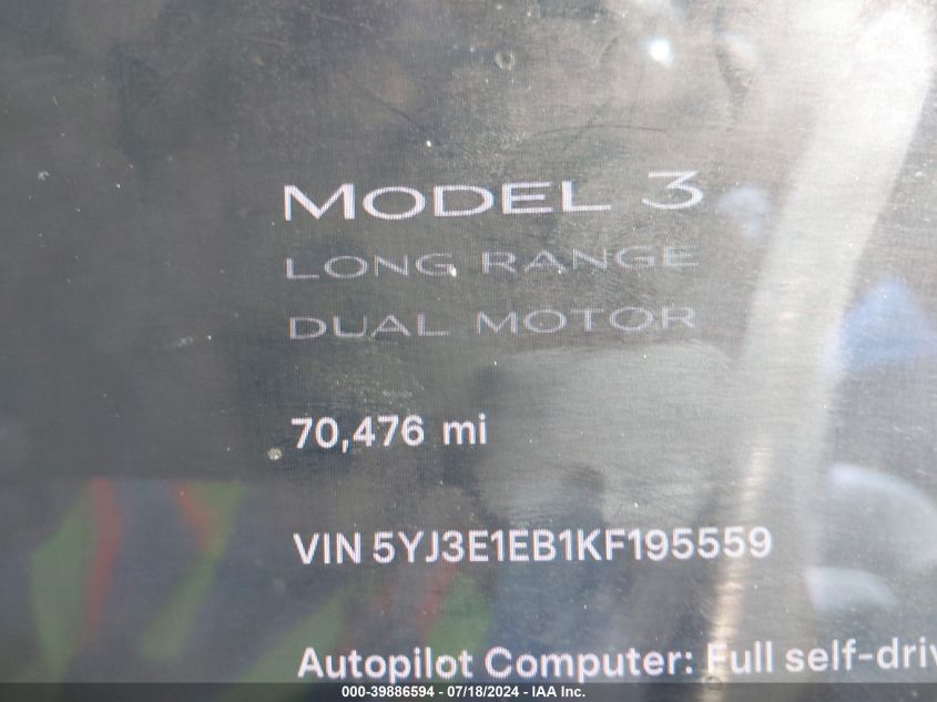 2019 Tesla Model 3 Long Range/Performance VIN: 5YJ3E1EB1KF195559 Lot: 39886594