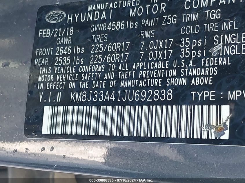 KM8J33A41JU692838 2018 Hyundai Tucson Sel