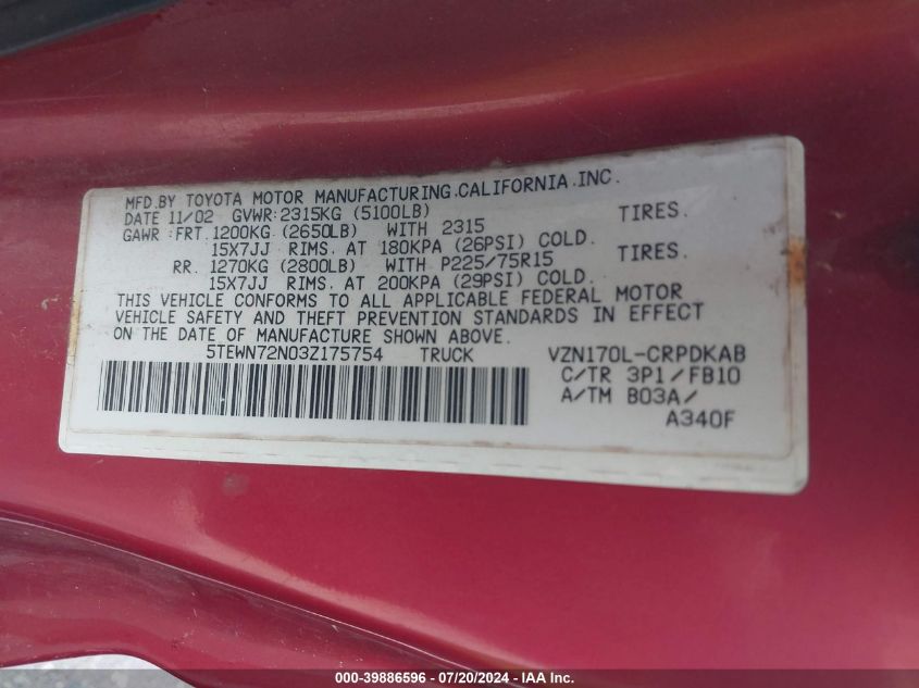 2003 Toyota Tacoma Base V6 VIN: 5TEWN72N03Z175754 Lot: 39886596
