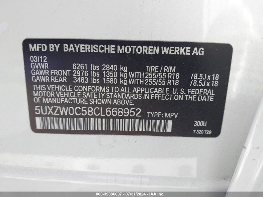 2012 BMW X5 xDrive35D VIN: 5UXZW0C58CL668952 Lot: 39886607