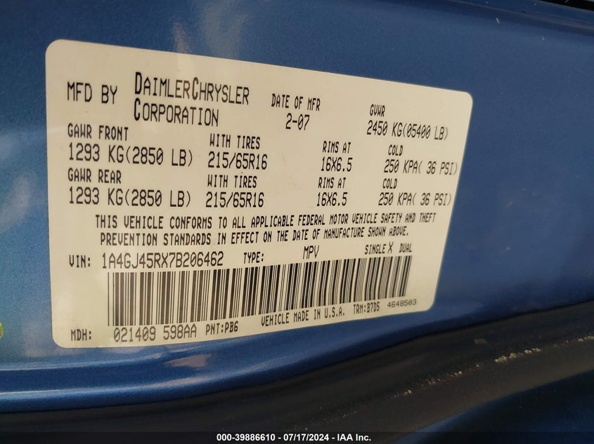 2007 Chrysler Town & Country VIN: 1A4GJ45RX7B206462 Lot: 39886610