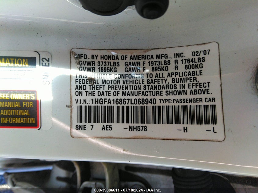 2007 Honda Civic VIN: 1HGFA16867L068940 Lot: 39886611