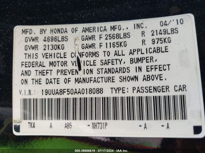 2010 Acura Tl VIN: 19UUA8F50AA018088 Lot: 39886619