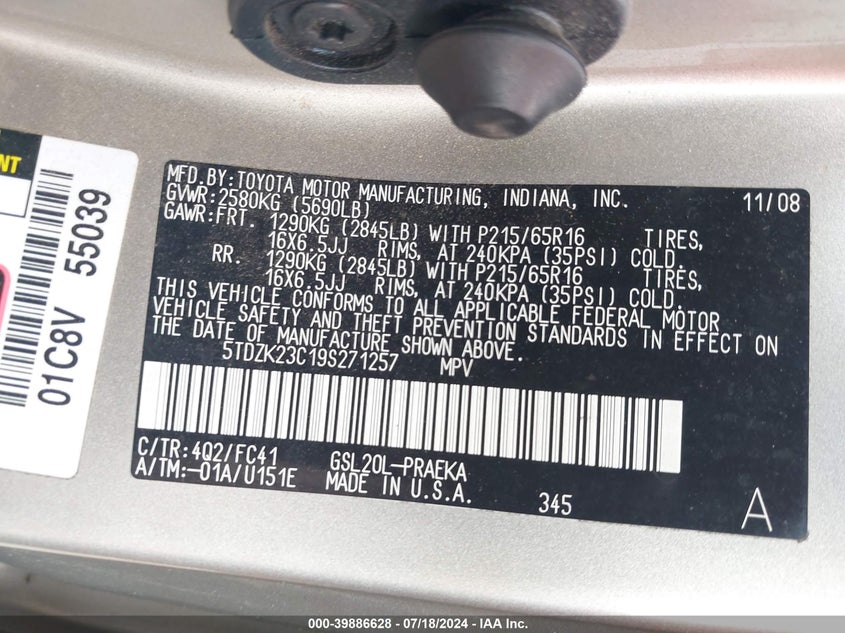 2009 Toyota Sienna Le VIN: 5TDZK23C19S271257 Lot: 39886628