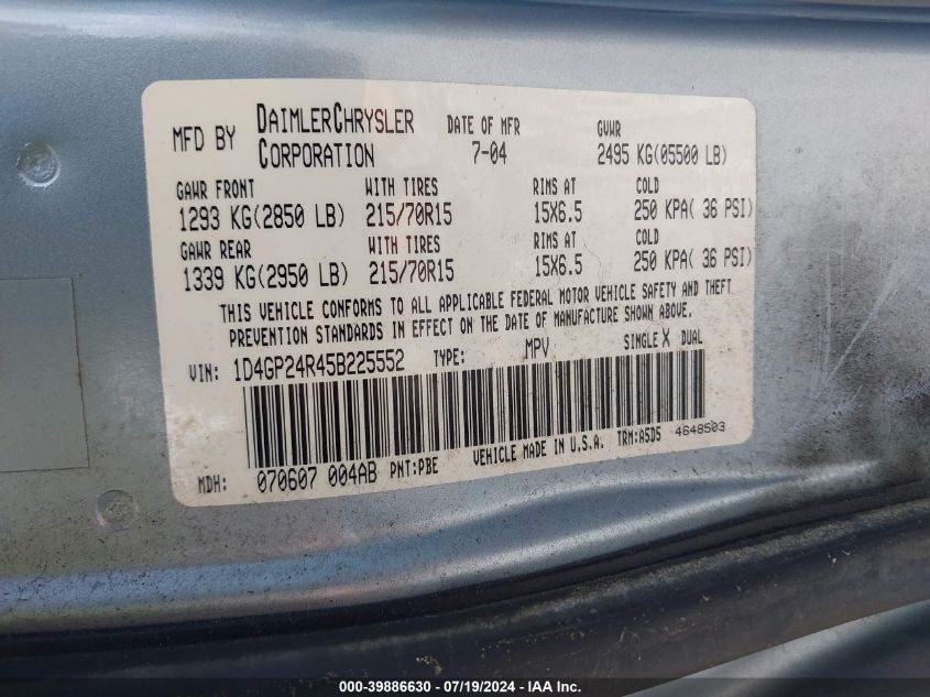 2005 Dodge Grand Caravan Se VIN: 1D4GP24R45B225552 Lot: 39886630
