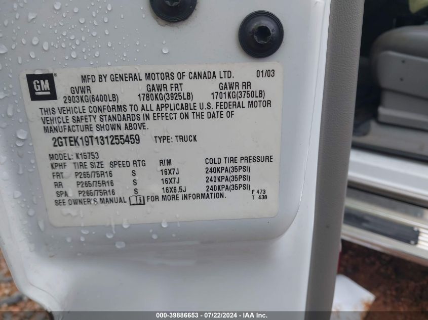 2003 GMC Sierra 1500 Slt VIN: 2GTEK19T131255459 Lot: 39886653