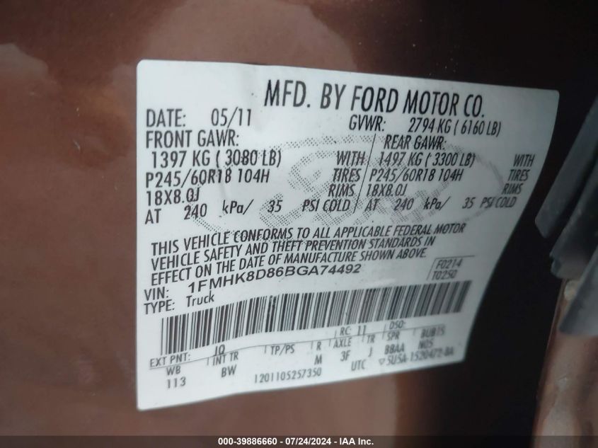 2011 Ford Explorer Xlt VIN: 1FMHK8D86BGA74492 Lot: 39886660