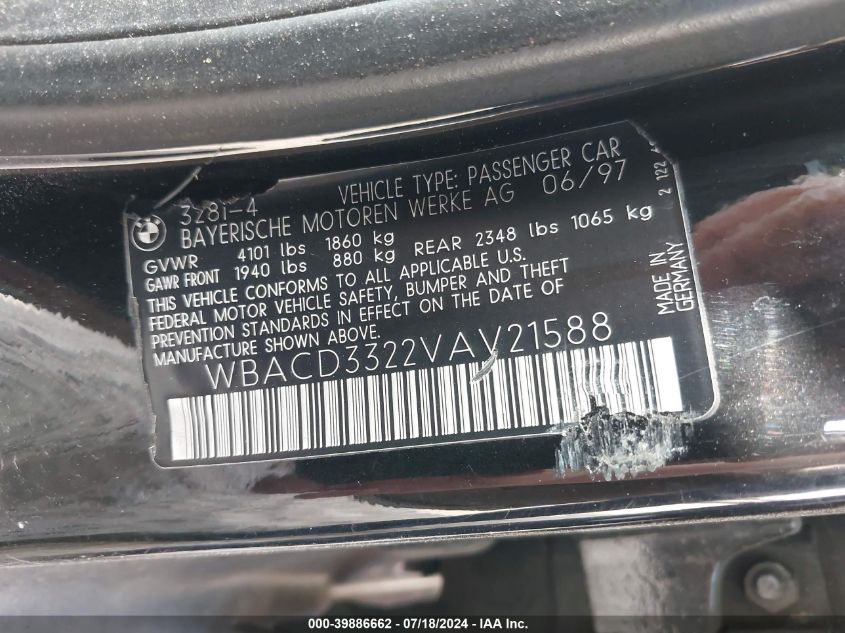 1997 BMW 328I VIN: WBACD3322VAV21588 Lot: 39886662