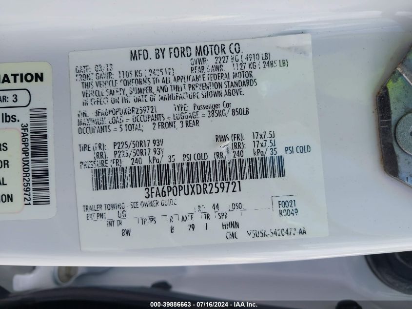 2013 Ford Fusion Energi Se Luxury VIN: 3FA6P0PUXDR259721 Lot: 39886663