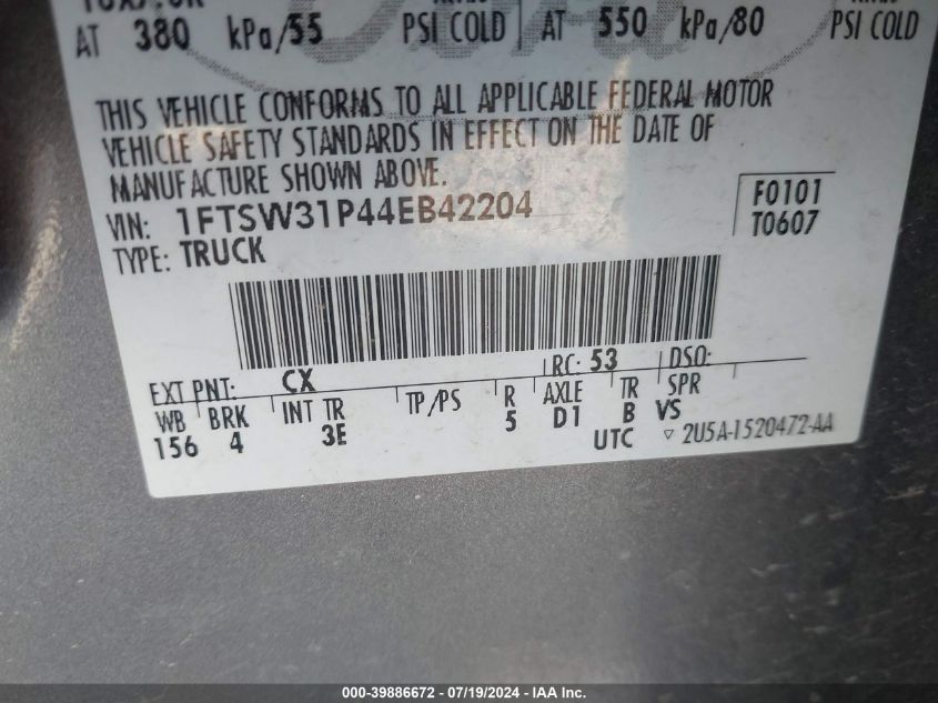 2004 Ford F-350 Lariat/Xl/Xlt VIN: 1FTSW31P44EB42204 Lot: 39886672