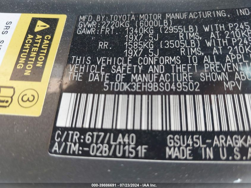 2011 Toyota Highlander Limited V6 VIN: 5TDDK3EH9BS049502 Lot: 39886691