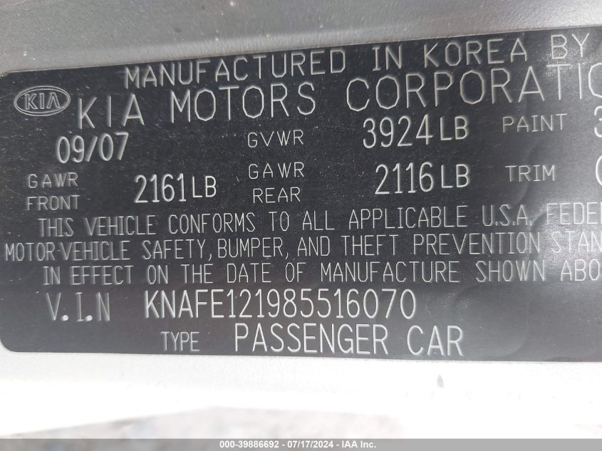 2008 Kia Spectra Lx VIN: KNAFE121985516070 Lot: 39886692